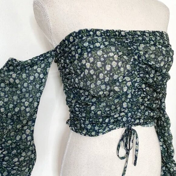 THE EAST ORDER FLORAL CINCHED LACE UP OFF THE SHOULDER SHEER CROPPED TOP - Picture 5 of 8